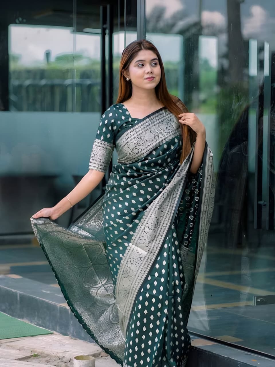 Saree 10 এমব্রেল্ড সিলভার কাতান শাড়ি – প্রিমিয়াম সফট সিল্ক ও জড়ি কাজের এলিগেন্ট কালেকশন - Image 1