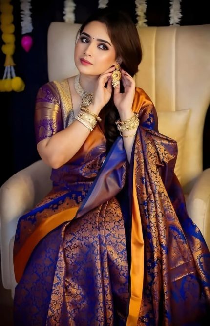 Royal Blue Soft Silk Kanchi Katan Saree with Copper Zari Work